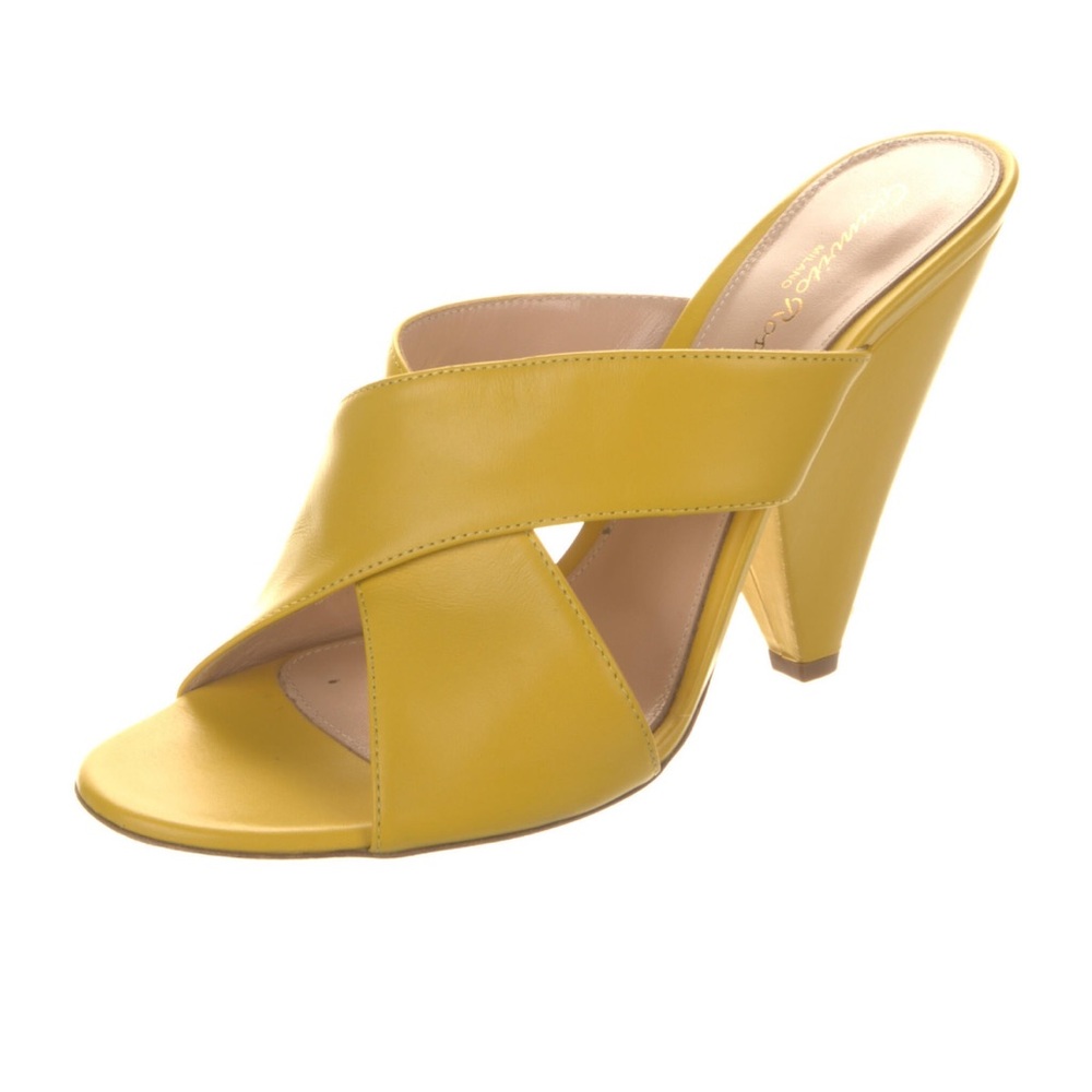 •   Gianvito Rossi Yellow Leather Crossover Mules Heels (original price $890)